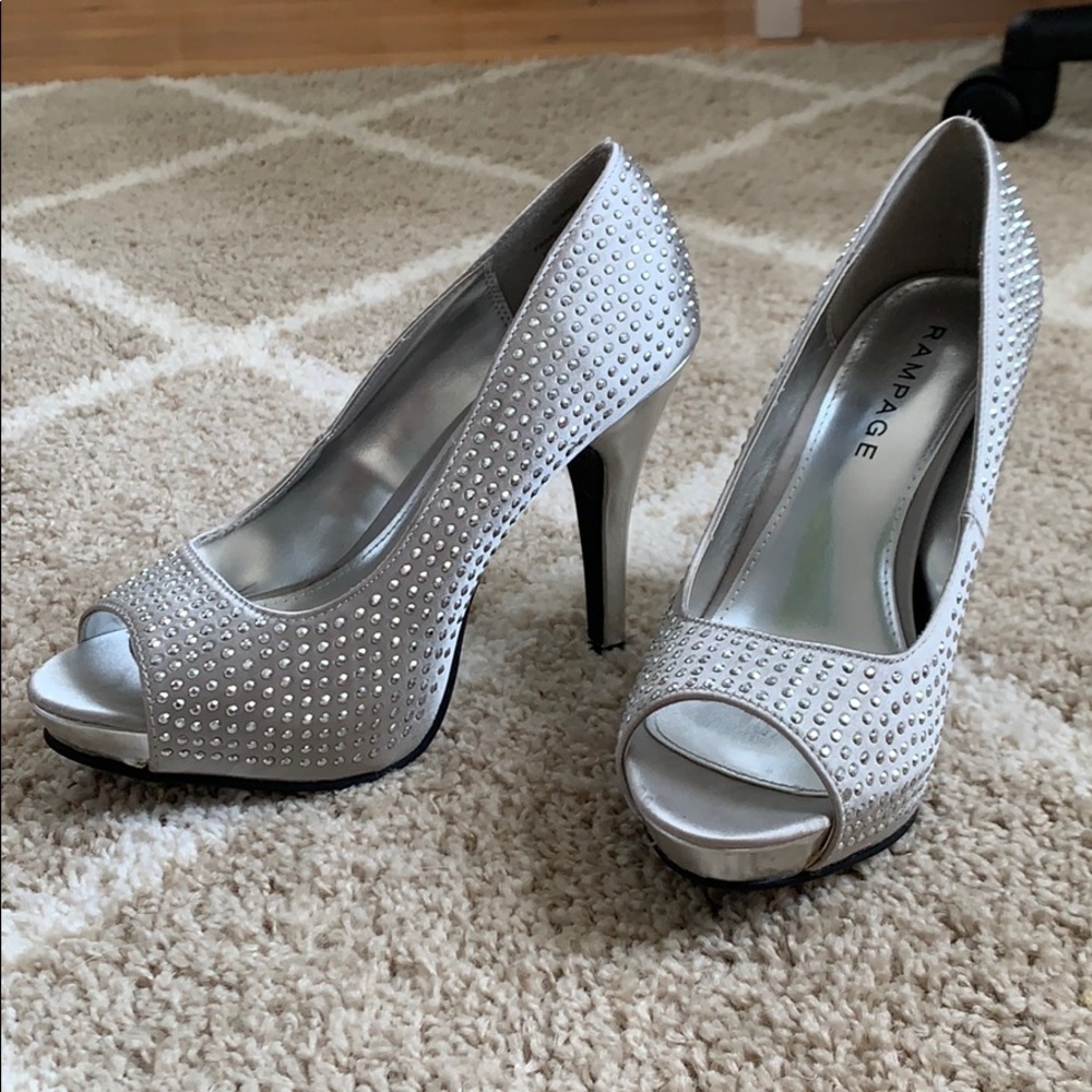 Silver Satin Peep-Toed Pumps